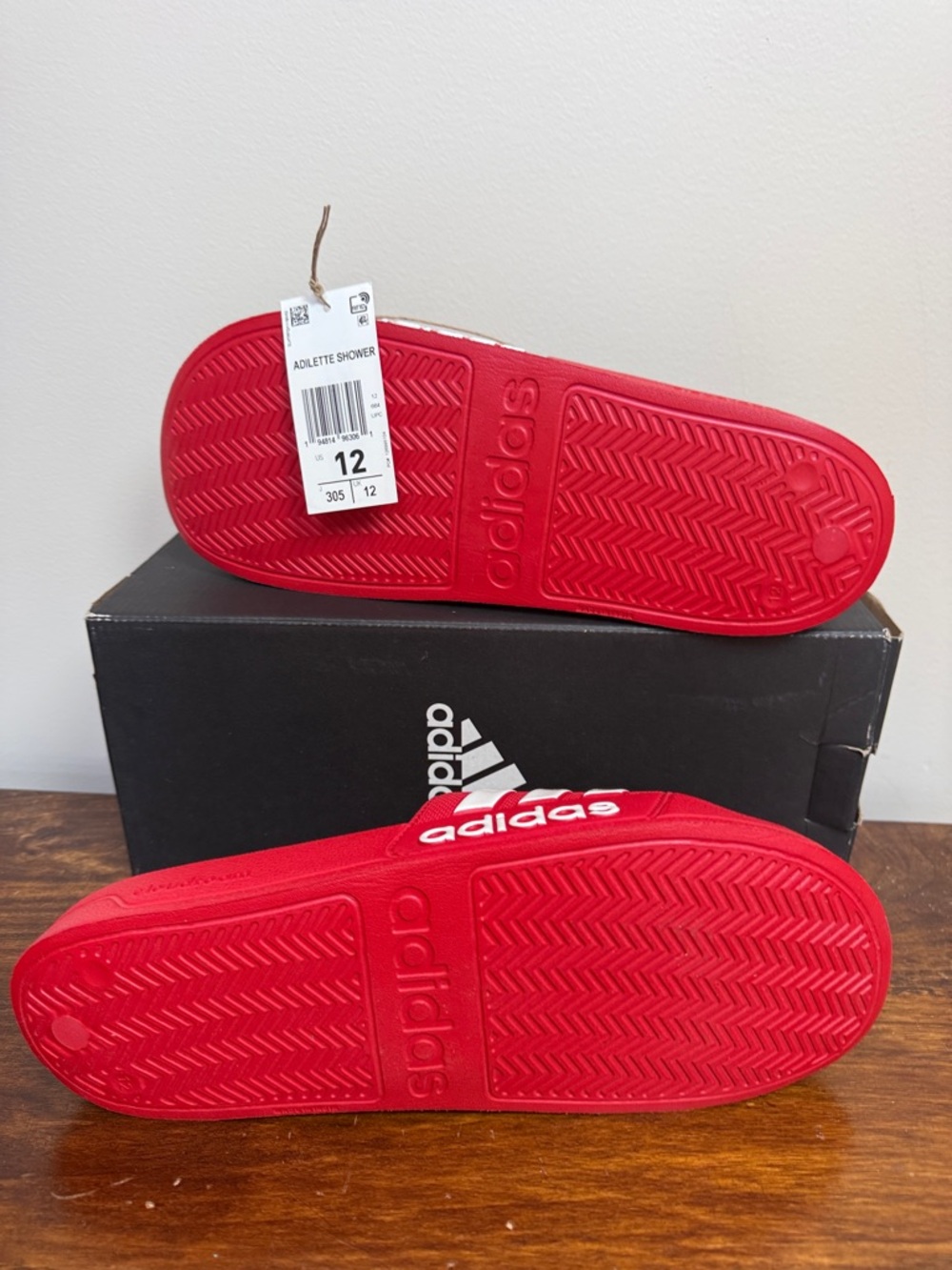 adidas New Men’s Size 12 Red Slide Sandals with White Stripes - Picture 2 of 3